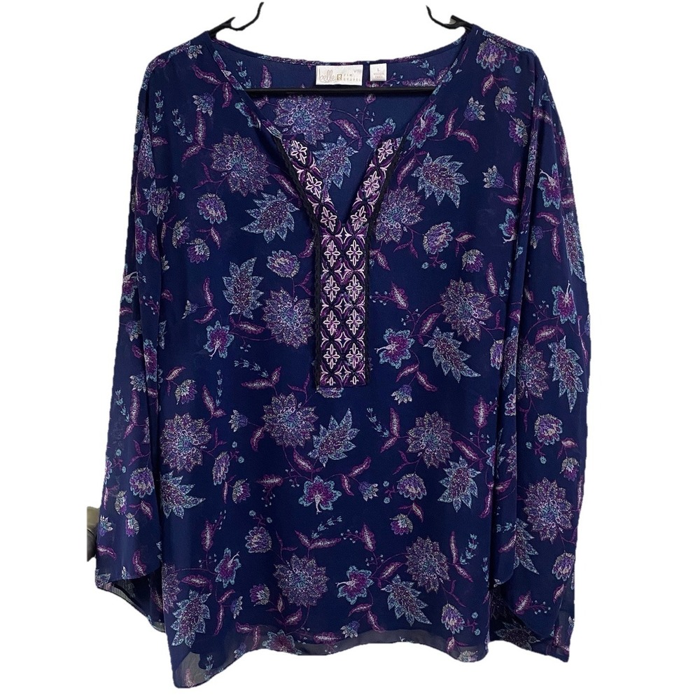 Belle by Kim Gravel Women Top Navy Blue&Purple Floral Print Tunic Lined Blouse L